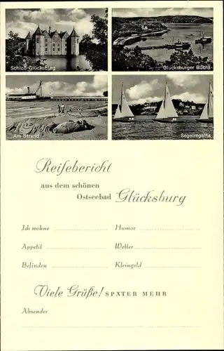 Ak Glücksburg an der Ostsee, Schloss Glücksburg, Bucht, Strand, Segelregatta