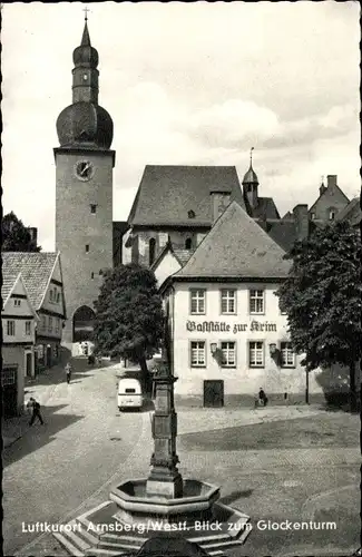 Ak Arnsberg Westfalen, Blick zum Glockenturm, Gasthaus zur Krim, Brunnen