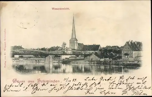 Ak Holzminden an der Weser, Weseransicht, Panorama, Brücke, Kirchturm