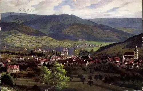 Künstler Ak Gernsbach im Murgtal Schwarzwald, Panorama, Kirche