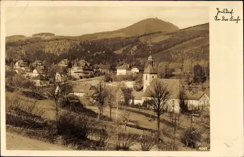 Ak Jonsdorf in Sachsen, Kirche und Kurhaus, Im Hintergrund die Lausche, Panorama