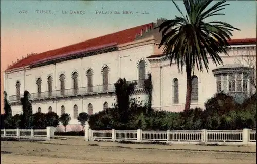 Ak Tunis Tunesien, Le Bardo, Palais du Bey, Straßenansicht, Palme