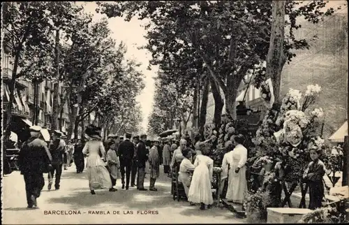 Ak Barcelona Katalonien Spanien, Rambla de la Flores, Spaziergänger, Allee