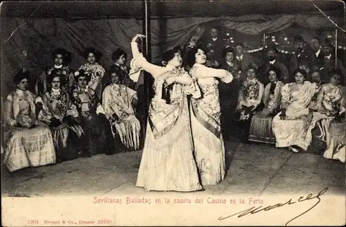 Ak Sevilla Andalusien, Sevillanas Bailadas en la Caseta del Casino en la Feria, Tänzerinnen