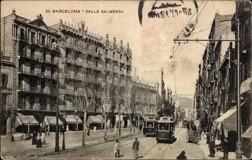 Ak Barcelona Katalonien Spanien, Calle Salmeron, Straßenbahnen, Häuser
