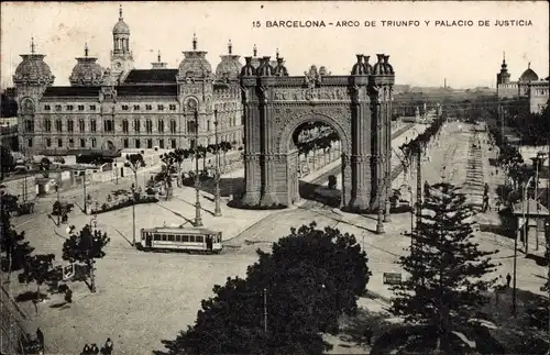 Ak Barcelona Katalonien, Arco de Triunfo y Palacio de Justicia, Straßenbahn. Torbogen