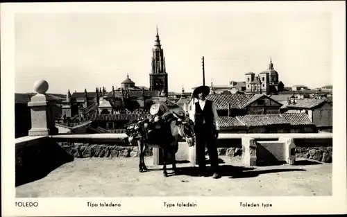 Ak Toledo Kastilien La Mancha Spanien, Tipo toledano, Aussichtsterasse, Mann mit Esel, Kirchturm
