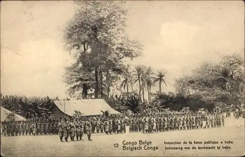 Ganzsachen Ak Congo Belge DR Kongo Zaire, Inspection de la force publique a trebe, Soldaten