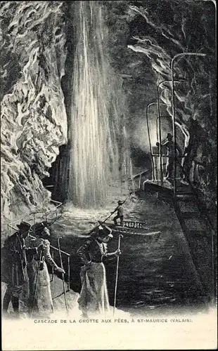 Künstler Ak St. Maurice Kt. Wallis, Cascade de la Grotte aux Fees, Treppe, Wasserfall, Besucher
