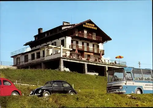 Ak Kastelruth Castelrotto Südtirol, Albergo Urthaler, Alpe di Siusi, Autos, Autobus