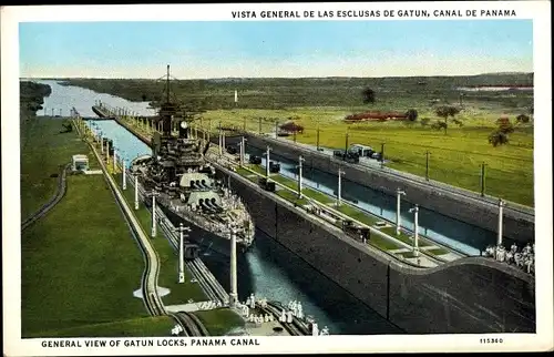 Ak Panamakanal Panama, Vista General de las Esclusas de Gatun, US Amerikanisches Kriegsschiff