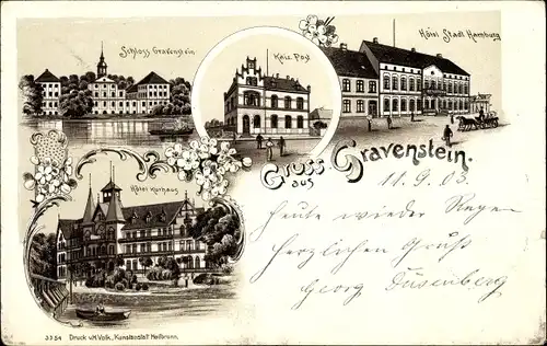 Litho Gråsten Gravenstein Dänemark, Schloss, Hotel Stadt Hamburg, Kaisl. Post, Hotel Kurhaus