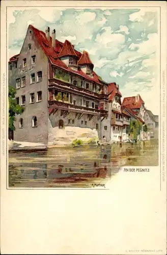 Künstler Litho Mutter, K., Nürnberg in Mittelfranken Bayern, Partie an der Pignitz