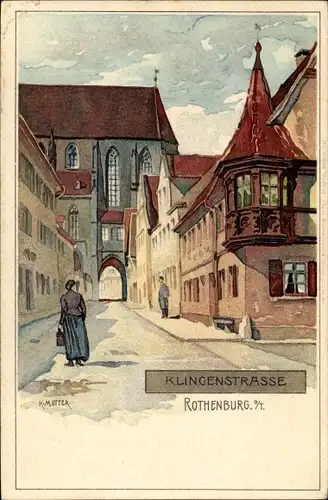 Künstler Litho Mutter, K., Rothenburg Tauber, Passantin in der Klingenstraße