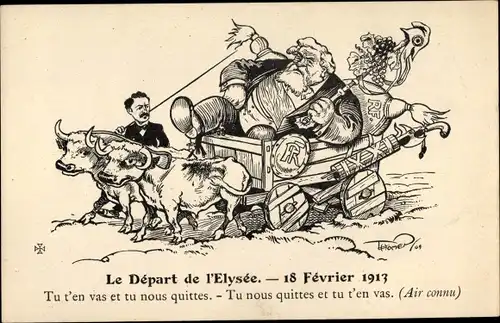 Ak Le Depart de l'Elysee 1913, Tu t'en vas et tu nous quittes, Präsident Armand Fallières, Fuhrwerk