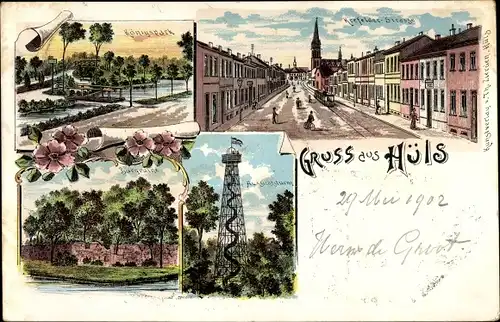 Litho Hüls Krefeld am Niederrhein, Königspark, Krefelder Straße, Burgruine, Aussichtsturm
