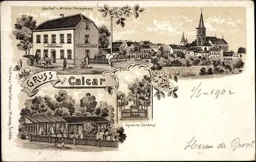 Litho Kalkar am Niederrhein, Gasthof Wilhelm Peerenboom, Seydlitz Denkmal, Blick auf den Ort, Kirche