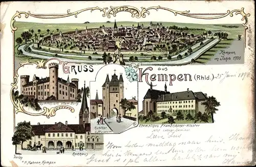 Litho Kempen Leichlingen im Rheinland, Ort um 1700, Gymnasium, Rathaus, Kuhtor, Kloster