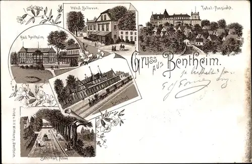 Litho Bad Bentheim in Niedersachsen, Hotel Bellevue, Bahnhof, Bahnhofallee, Gesamtansicht