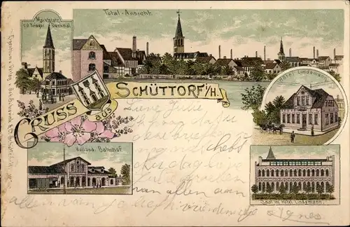 Litho Schüttorf Grafschaft Bentheim, Marktplatz, Kriegerdenkmal, Holländ. Bahnhof, Hotel Lindemann