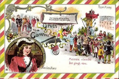 Litho Karneval, Rosenmontagszug, Funckenmarie, Meinste vleechs Dat gingk esu