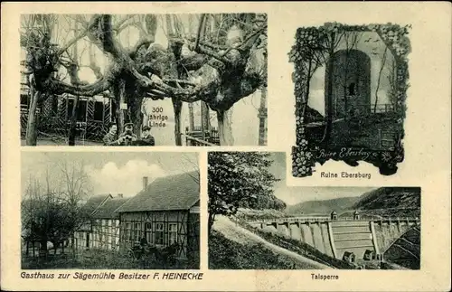 Ak Sägemühle Herrmannsacker Harztor in Thüringen, Gasthaus, Linde, Ruine Ebersburg, Talsperre