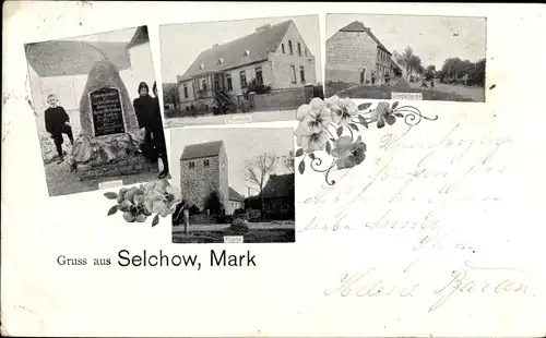 Ak Selchow Storkow in der Mark, Kirche, Gedenkstein, Straßenpartie
