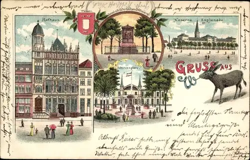 Litho Wesel am Niederrhein, Rathaus, Schützenplatz, Denkmal, Kaserne, Esplanade