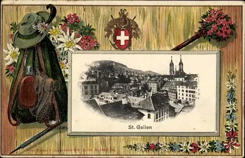 Wappen Ak Sankt Gallen Stadt, Wanderrucksack, Schuhe, Feldflasche, Hut, Blumen, Wanderstab