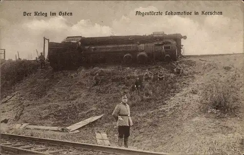 Ak Korsze Korschen Ostpreußen, Der Krieg im Osten, Abgestürzte Lokomotive
