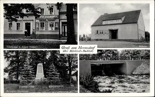Ak Hermsdorf Münchehofe in Brandenburg, Gasthaus Ernst Hahn, Schule, Wehr, Kriegerdenkmal