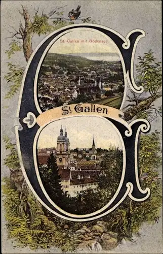 Buchstaben Ak Sankt Gallen Stadt Schweiz, Buchstabe G, Gesamtansicht mit Bodensee