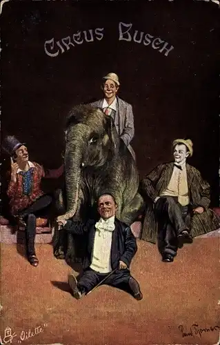 Künstler Ak Zirkus Busch, Elefant, Clowns