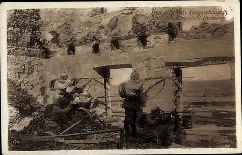 Ak Ostpreußischer Kriegsschauplatz, Eine Patrouille sucht Deckung, I. WK