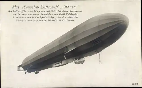 Ak Zeppelin Luftschiff LZ 13 Hansa, Sanke W. S. 11