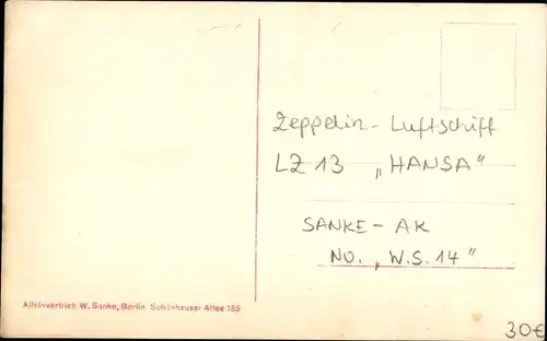 Ak Zeppelin Luftschiff LZ 13 Hansa, Sanke W. S. 14