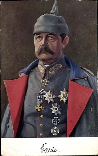 Künstler Ak General Hans Gaede, Infanterie, Portrait, Pickelhaube, Orden, I. WK