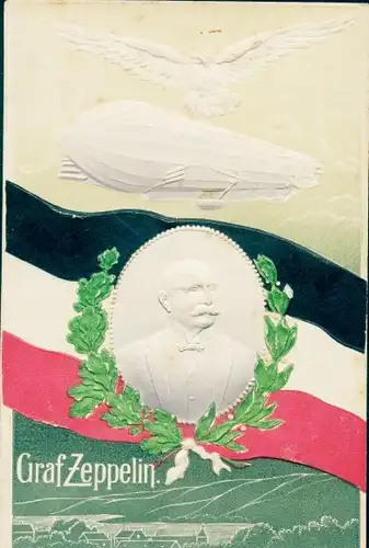 Präge Ak Graf Zeppelin, Portrait im Kranz aus Eichenlaub und Lorbeer, Flagge, Luftschiff, Adler