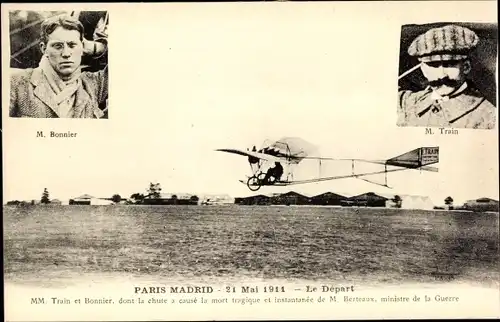 Ak Paris Madrid 1911, Le Depart, Train et Bonnier, Flugpioniere, Flugzeug