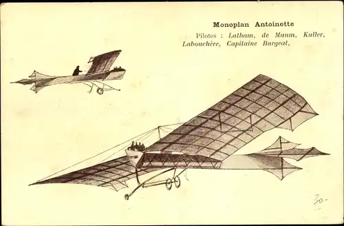 Ak Monoplan Antoinette, Latham, de Munm, Kuller, Labouchère, Burgeat, Flugpioniere