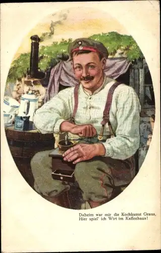 Ak Soldat mit Kaffeemühle im Unterstand, Kaffeehaus, Soldatenhumor, I. WK