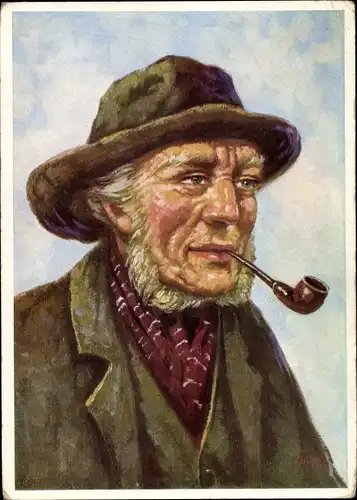 Künstler Ak Harder, Alter Fischer mit Pfeife, Portrait