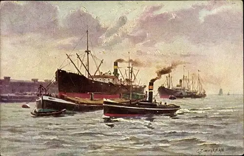 Künstler Ak Zimmerman, Dampfer und Schlepper vor einem Hafen