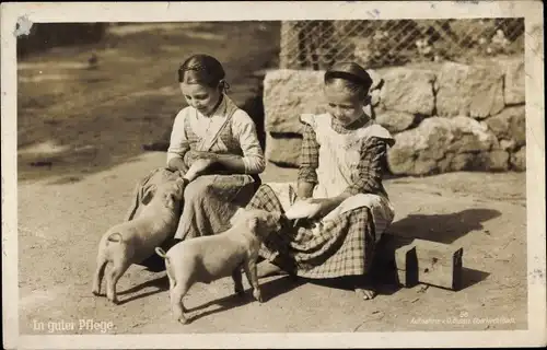 Foto Ak In guter Pflege, zwei Mädchen mit Ferkeln, Schweine