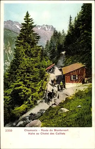 Ak Chamonix Mont Blanc Haute Savoie, Route du Montanvert, Halte au Chalet des Caillets