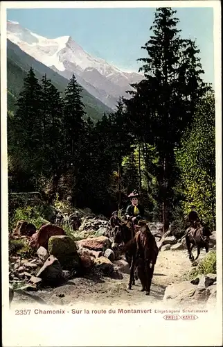 Ak Chamonix Mont Blanc Haute Savoie, Sur la route du Montanvert, Reiter