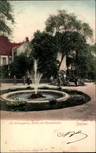 Ak Aachen in Nordrhein Westfalen, Im Elisengarten, Partie mit Hermesbüste, Brunnen