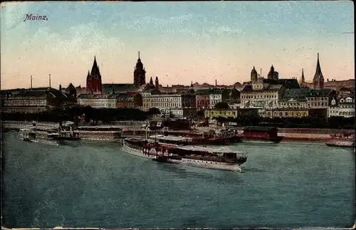 Ak Mainz am Rhein, Panoramablick über den Fluss auf die Stadt, Dampfer