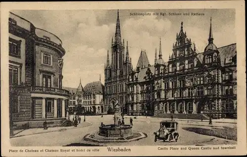 Ak Wiesbaden in Hessen, Schlossplatz mit kgl. Schloss und Rathaus, Brunnen