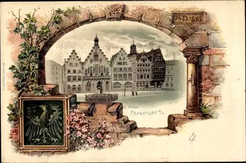 Präge Wappen Litho Frankfurt am Main, Römer, Platzansicht